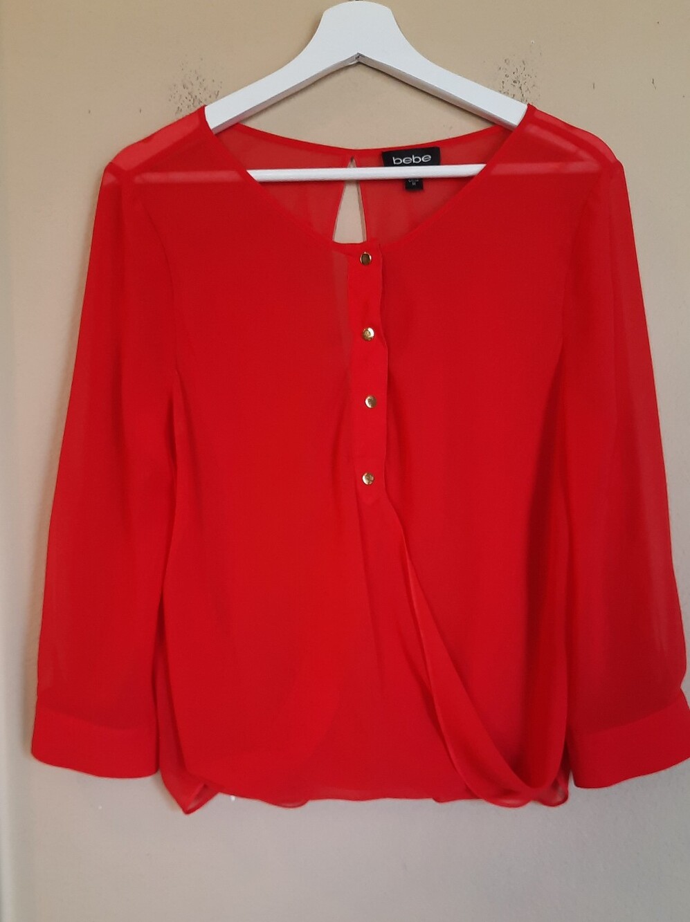 bebe Bright Red Draped Blouse with Gold Buttons